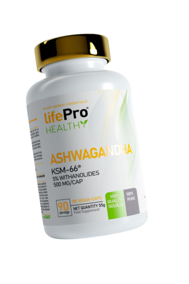 Cápsulas de Ashwagandha de Life Pro Nutrition, suplemento natural ideal para el control del estrés y el equilibrio hormonal.